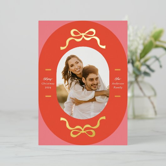 フェスティバル弓実在金ゴールド楕円形フォトホリデー 箔シーズンカード (立ち正面)