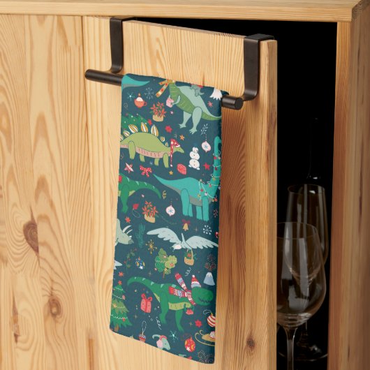 フェスティバル恐竜のクリスマスパターン キッチンタオル (三つ折り)