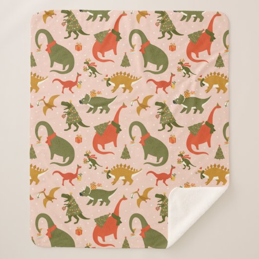 フェスティバル恐竜クリスマスツリーホリデーパターン シェルパブランケット (正面)
