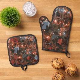 フェスティバル抽象芸術クローズアップクリスマスツリーライト 鍋つかみ&鍋敷きセット