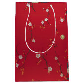フェスティバル新年の天皇赤さくらんぼの花 ミディアムペーパーバッグ (正面)