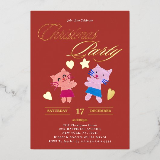 フェスティバル書かわいい猫赤いクリスマスパーティー 箔招待状 (正面)