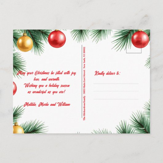 フェスティバル松の枝とボール写真クリスマス シーズンポストカード (裏面)