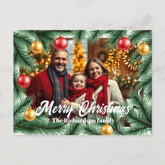 フェスティバル松の枝とボール写真クリスマス シーズンポストカード (正面)