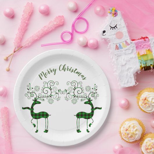 フェスティバル格子縞トナカイ ペーパープレート (パーティー)