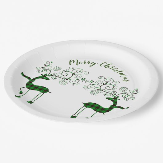 フェスティバル格子縞トナカイ ペーパープレート (アングル)