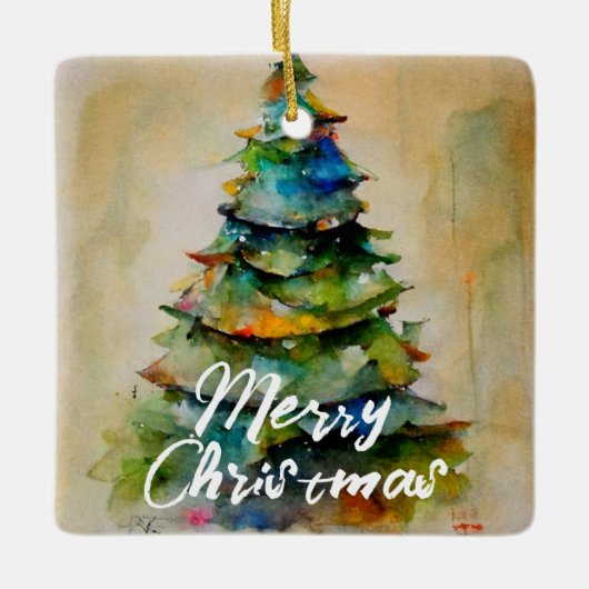 フェスティバル水彩クリスマスツリーの芸術的写真 セラミックオーナメント (正面)