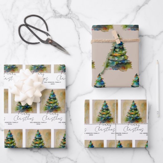フェスティバル水彩クリスマスツリー芸術的スケッチ ラッピングペーパーシート (正面)