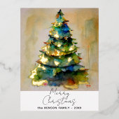 フェスティバル水彩クリスマスツリー芸術的金ゴールド 箔シーズンポストカード (正面)