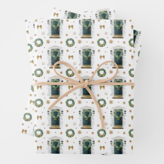 フェスティバル水彩グリーンフロントドアパターン ラッピングペーパーシート (インサイチュ)