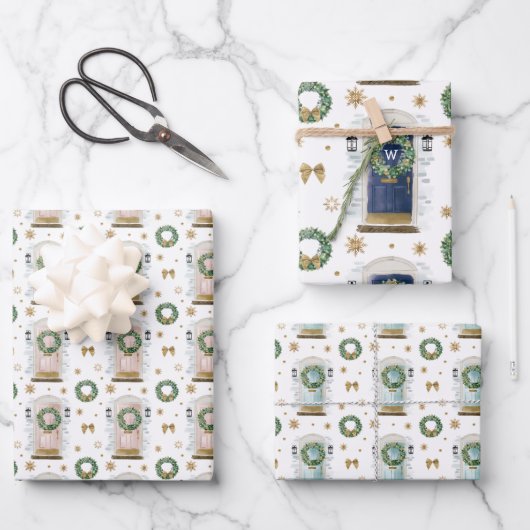 フェスティバル水彩ピンク、ブルー、ネイビーのフロントドア ラッピングペーパーシート (正面)