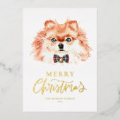 フェスティバル水彩ポメラニア犬ドッグメリークリスマス 箔シーズンカード (正面)