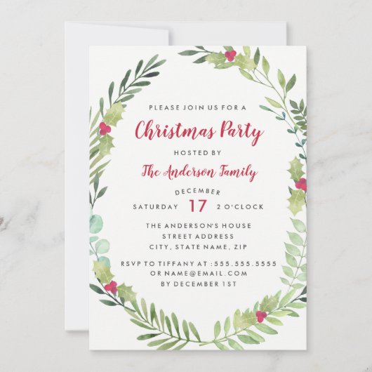 フェスティバル水彩リースクリスマスパーティーカード 招待状 (正面)