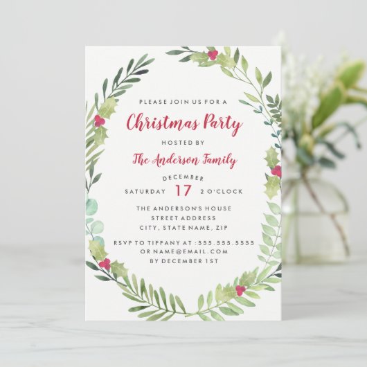 フェスティバル水彩リースクリスマスパーティーカード 招待状 (スタンド正面)