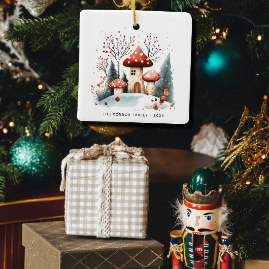 フェスティバル水彩冬のウッドランドのキノコ写真 セラミックオーナメント