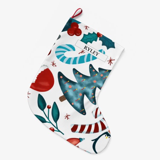 フェスティバル水彩冬クリスマスパターン ラージクリスマスストッキング (正面 (吊り時))