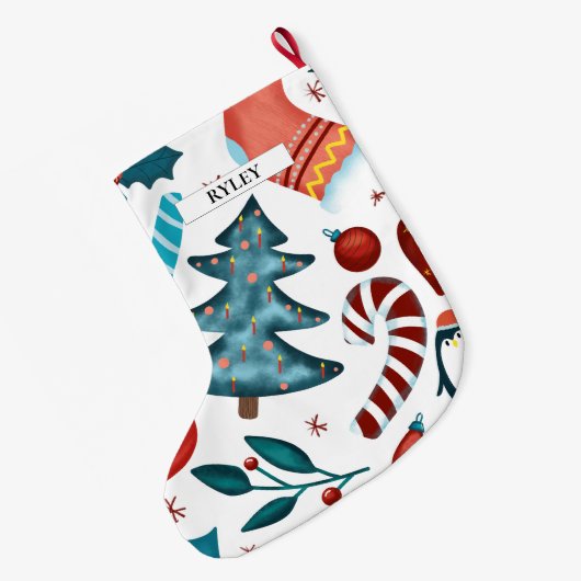 フェスティバル水彩冬クリスマスパターン ラージクリスマスストッキング (裏面 (吊り時))