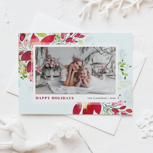 フェスティバル水彩赤ポインセチア写真クリスマス シーズンカード