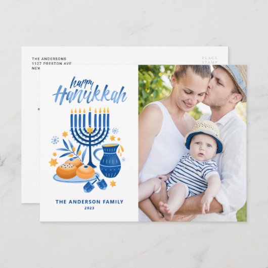 フェスティバル水彩(ユダヤ教)メノラーハッピーハヌカフォト シーズンポストカード (正面/裏面)