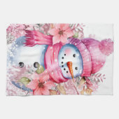 フェスティバル水色クリスマスピンク雪だるま キッチンタオル (横)