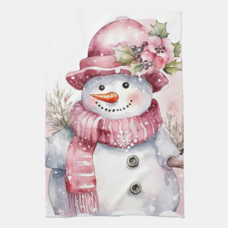 フェスティバル水色クリスマスピンク雪だるま キッチンタオル