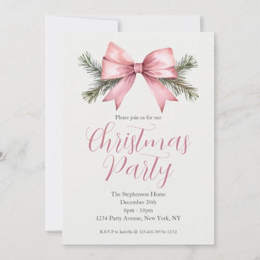フェスティバル水色ピンクボウクリスマスパーティー 招待状 (正面)