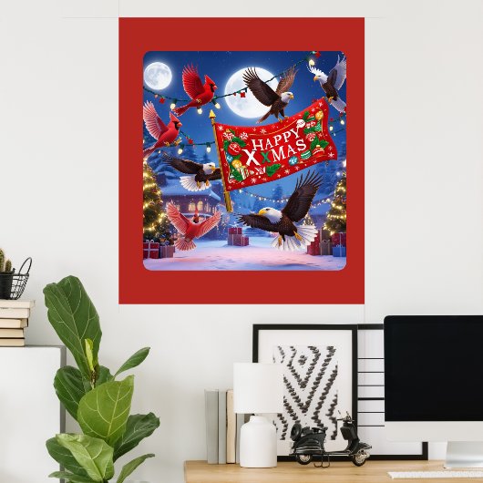 フェスティバル深紅色とハッピークリスマスイーグルズ ポスター (ホームオフィス)