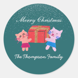 フェスティバル猫とギフトボックスダークグリーンのクリスマス ラウンドシール