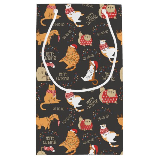 フェスティバル猫のライトクリスマスパターン スモールペーパーバッグ (裏面)