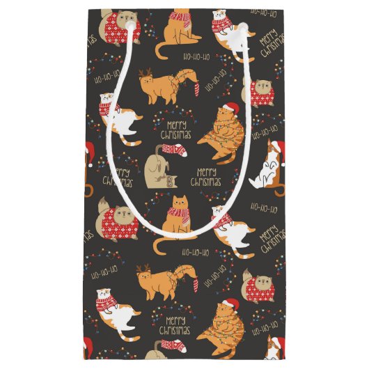 フェスティバル猫のライトクリスマスパターン スモールペーパーバッグ (正面)