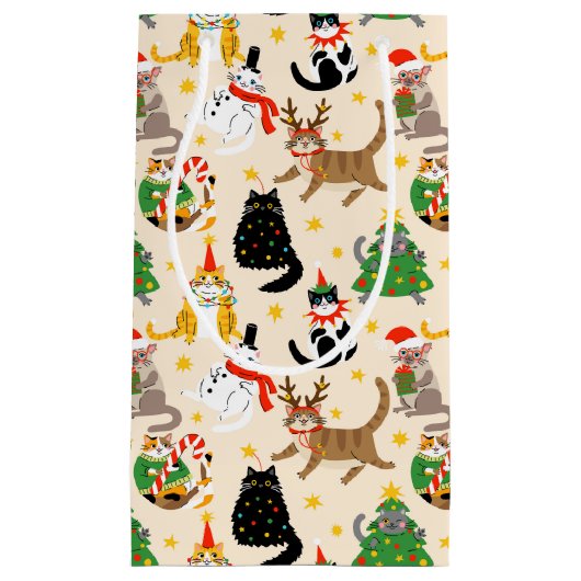 フェスティバル猫クリスマスパターン スモールペーパーバッグ (正面)