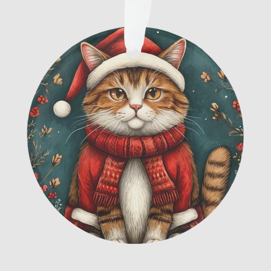フェスティバル猫サンタ帽子とスカーフ オーナメント (正面)