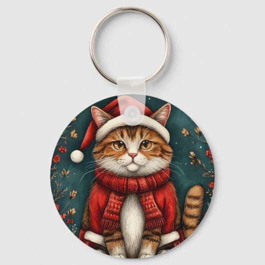 フェスティバル猫サンタ帽子とスカーフ キーホルダー (正面)