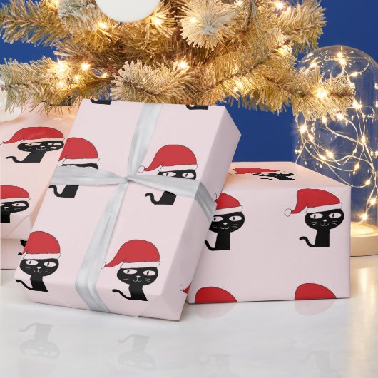フェスティバル猫(赤いサンタハット柄モダン) ラッピングペーパー (クリスマス)