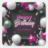 フェスティバル白黒メタリックピンクバルーン誕生日 スクエアシール (正面)