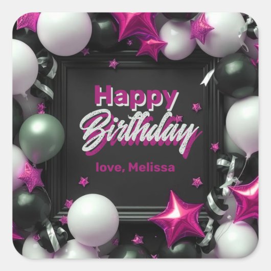 フェスティバル白黒メタリックピンクバルーン誕生日 スクエアシール (正面)