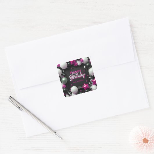 フェスティバル白黒メタリックピンクバルーン誕生日 スクエアシール (封筒)