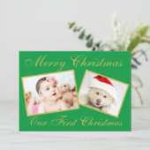 フェスティバル私たちの初めてのクリスマス金ゴールド2写真ホリデイ シーズンカード (スタンド正面)