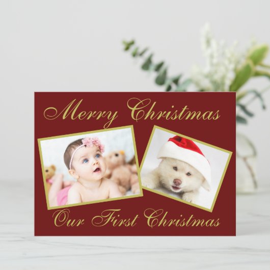 フェスティバル私たちの初めてのクリスマス金ゴールド2写真ホリデイ シーズンカード (スタンド正面)