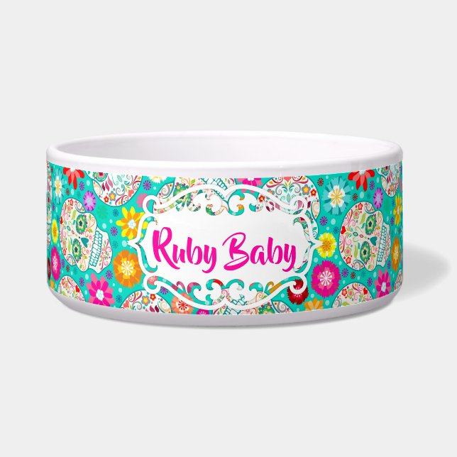 フェスティバル糖スカルオンティール（緑がかった色）カスタムペットボウル ボウル (正面)