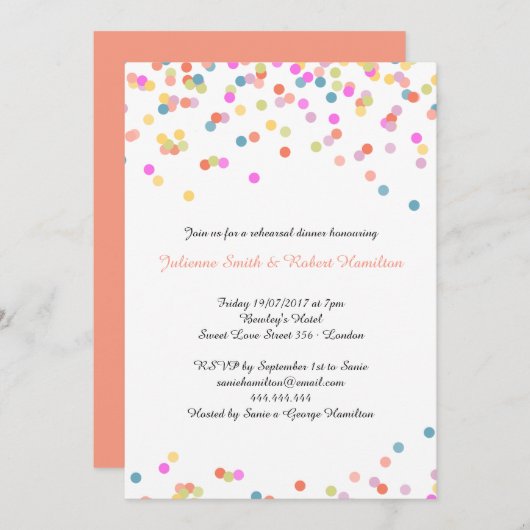 フェスティバル紙吹雪結婚のリハーサルディナー 招待状 (正面/裏面)