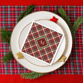 フェスティバル素朴クリスマスレッドグリーンプレイドモノグラム スタンダードカクテルナプキン