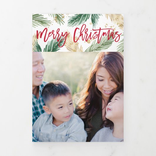 フェスティバル緑の金ゴールドクリスマスフォト折り畳みカード 三つ折り招待状 (カバー)