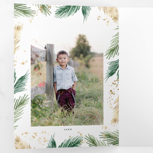 フェスティバル緑の金ゴールドクリスマスフォト折り畳みカード 三つ折り招待状 (内部最初)