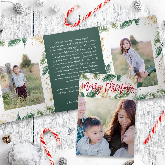 フェスティバル緑の金ゴールドクリスマスフォト折り畳みカード 三つ折り招待状