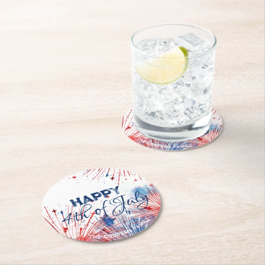 フェスティバル花火ハッピー4thの7月のカスタム文字 ラウンドペーパーコースター (インサイチュ)