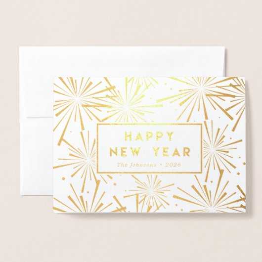 フェスティバル花火 |ハッピーニューイヤーの写真金ゴールド 箔カード (封筒付き正面)