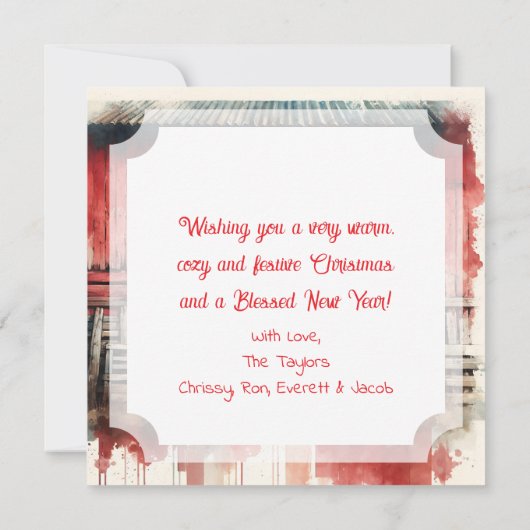 フェスティバル茶色の馬と冬の納屋のクリスマス カード (裏面)