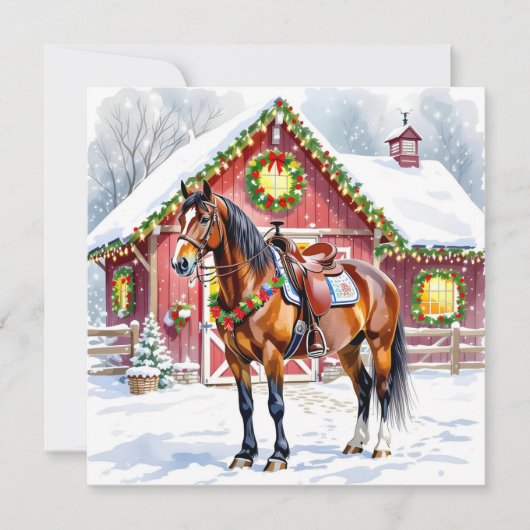 フェスティバル茶色の馬と冬の納屋のクリスマス カード (正面)