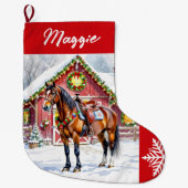 フェスティバル茶色の馬と冬の納屋のクリスマス ラージクリスマスストッキング (正面)